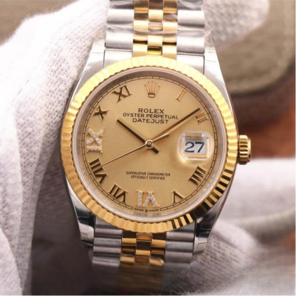 Rolex datejust gold dial scratch proof 36mm swiss replica 126233.3