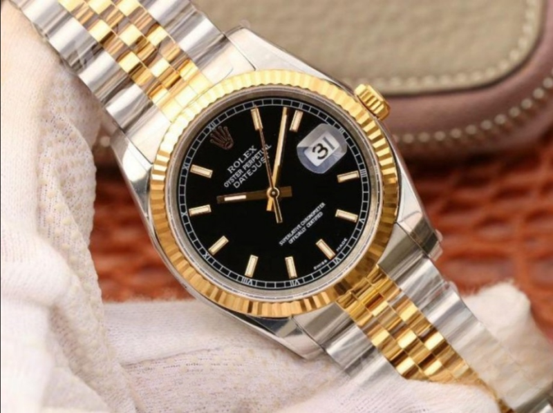 Rolex datejust black dial 18k yellow gold 36mm swiss replica 126233.5